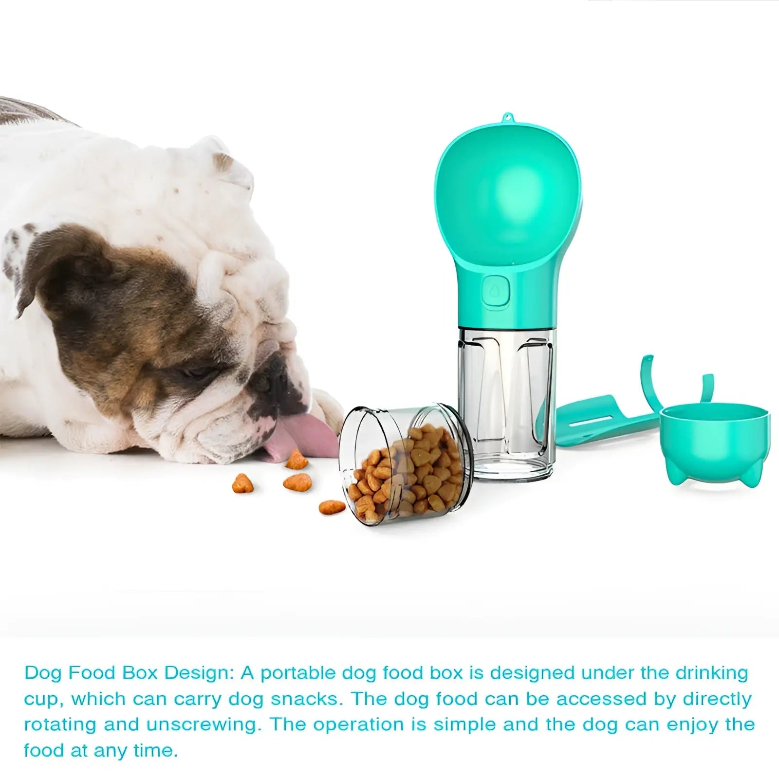 Teal plastic 3-in-1 portable dog water bottle with clear glass snack container and bag dispenser for outdoor use