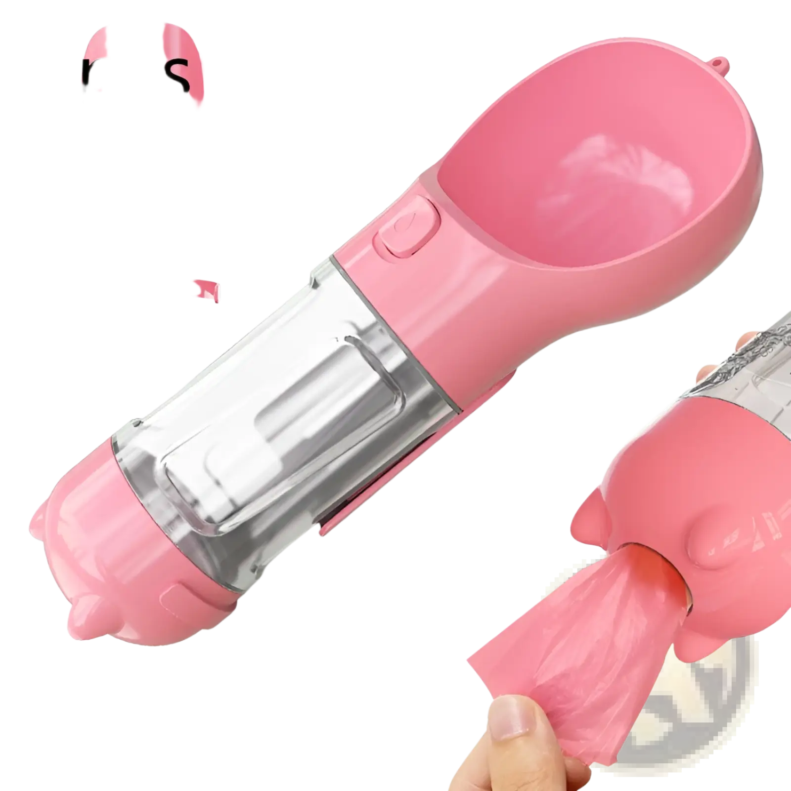 3-in-1 portable pink plastic dog water bottle with clear reservoir and pig-shaped water dispenser design