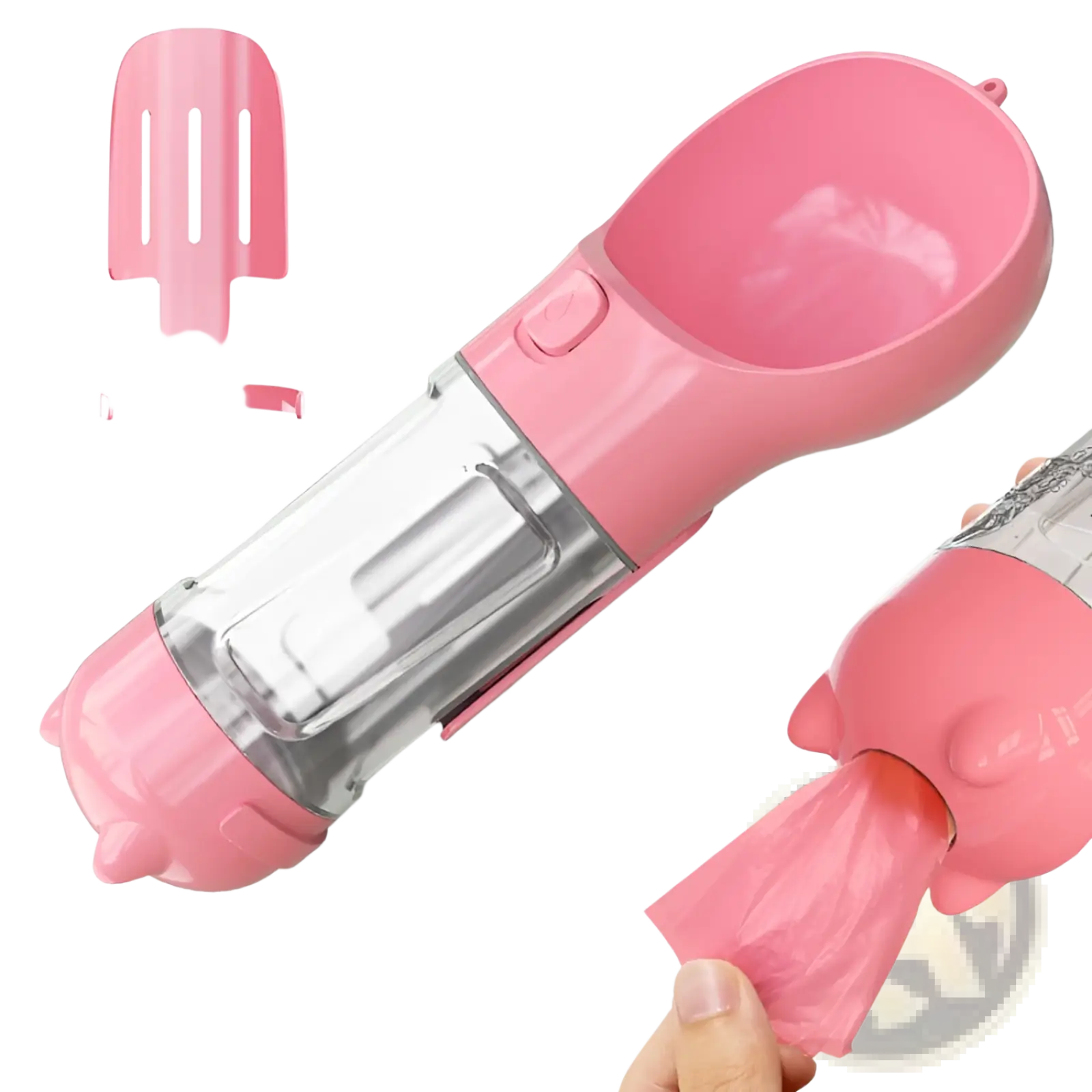 Pink plastic 3-in-1 portable dog water bottle with clear reservoir and attached pink poop bag holder for outdoor use