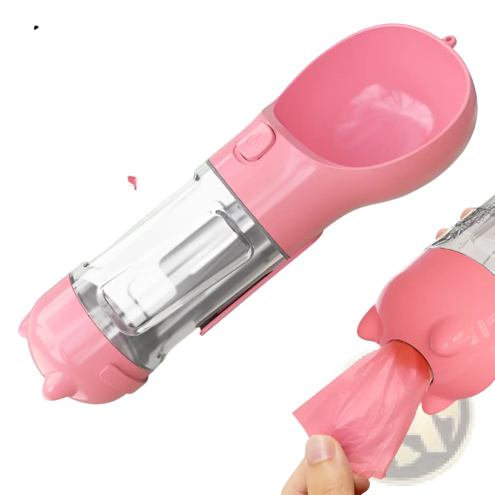 Pink plastic 3-in-1 portable dog water bottle with clear section and matching pink poop bag dispenser for travel use