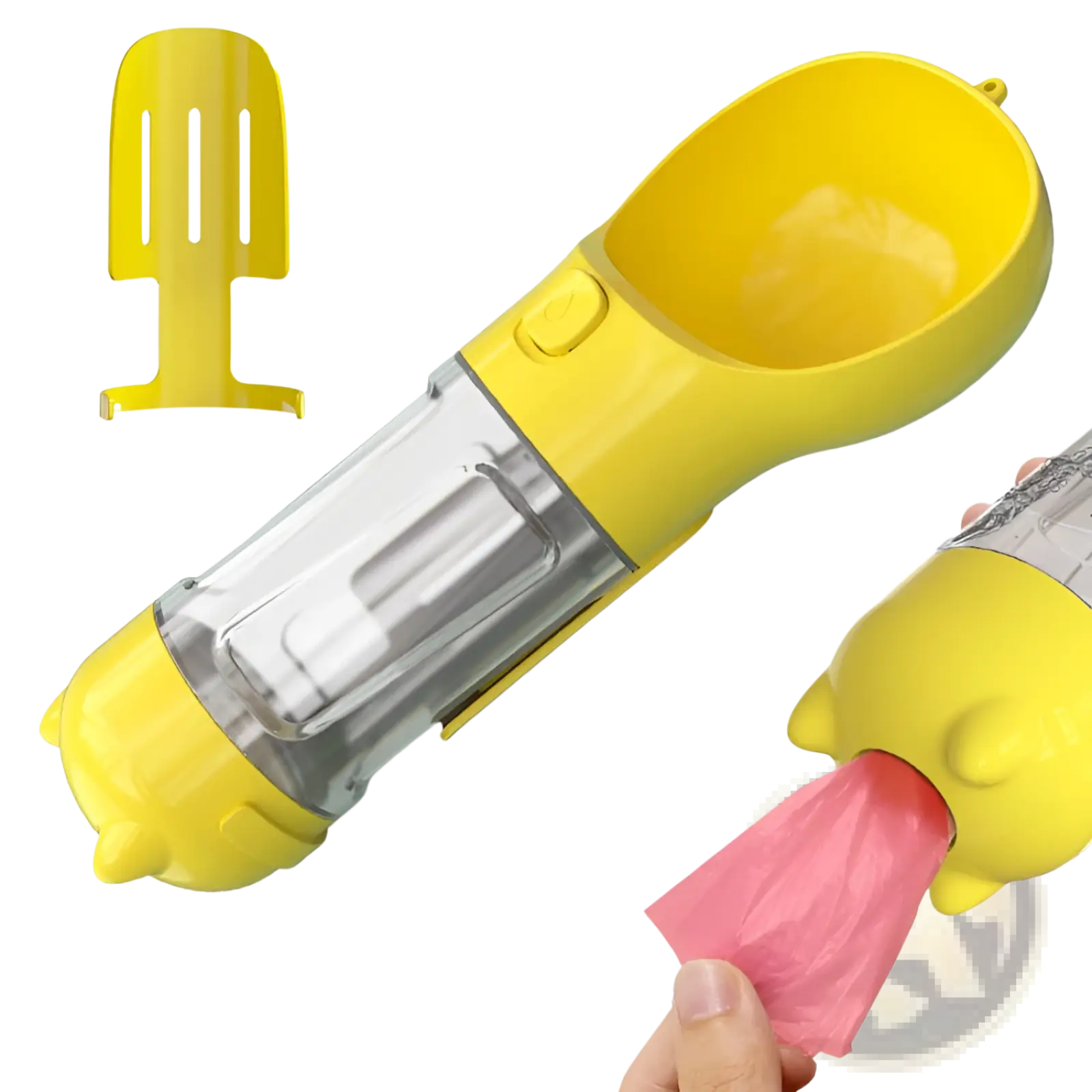 Bright yellow cat-shaped 3-in-1 portable dog water bottle with clear plastic reservoir and pink poop bag dispenser