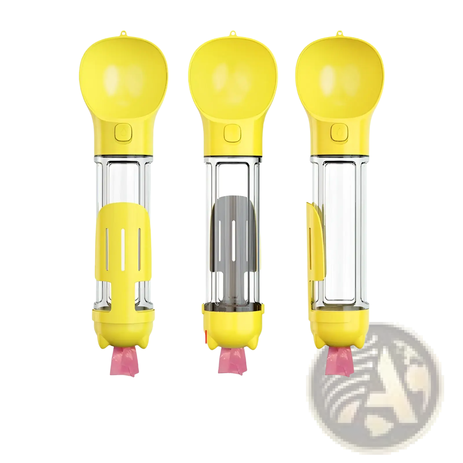 Yellow plastic 3-in-1 portable dog water bottle with clear body and pink poop bag case for outdoor use