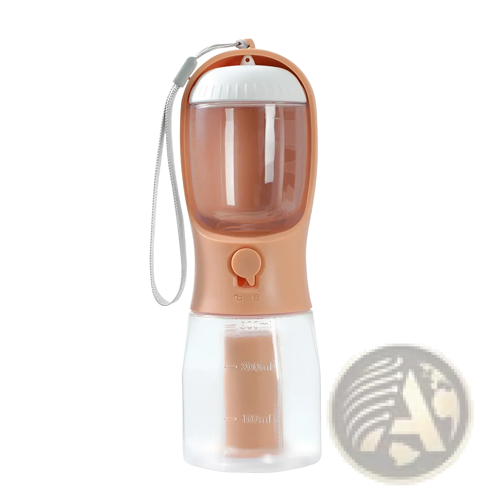 A peach-colored 3-in-1 portable dog water bottle and food dispenser with clear reservoir and measurement markings