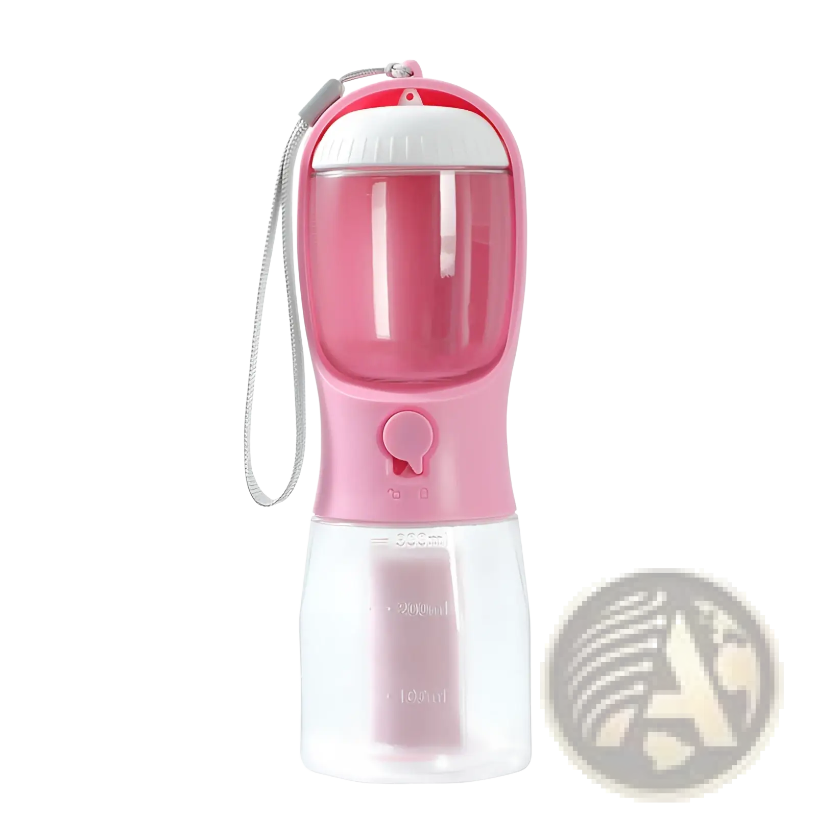 Pink and transparent 3-in-1 portable dog water bottle and food dispenser with white lid, carrying strap, and measurement markings