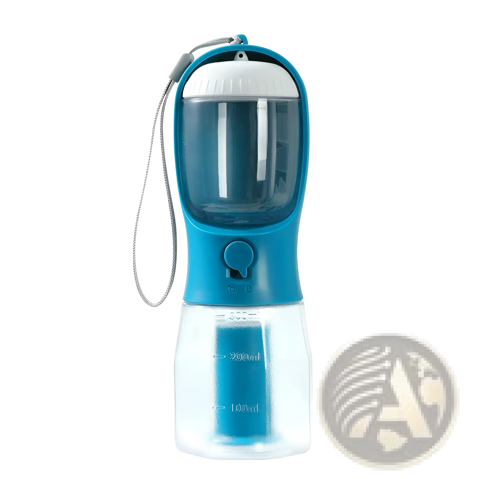 Blue and transparent pet water bottle with white lid and measurement markings for the 3-in-1 dog water and food dispenser