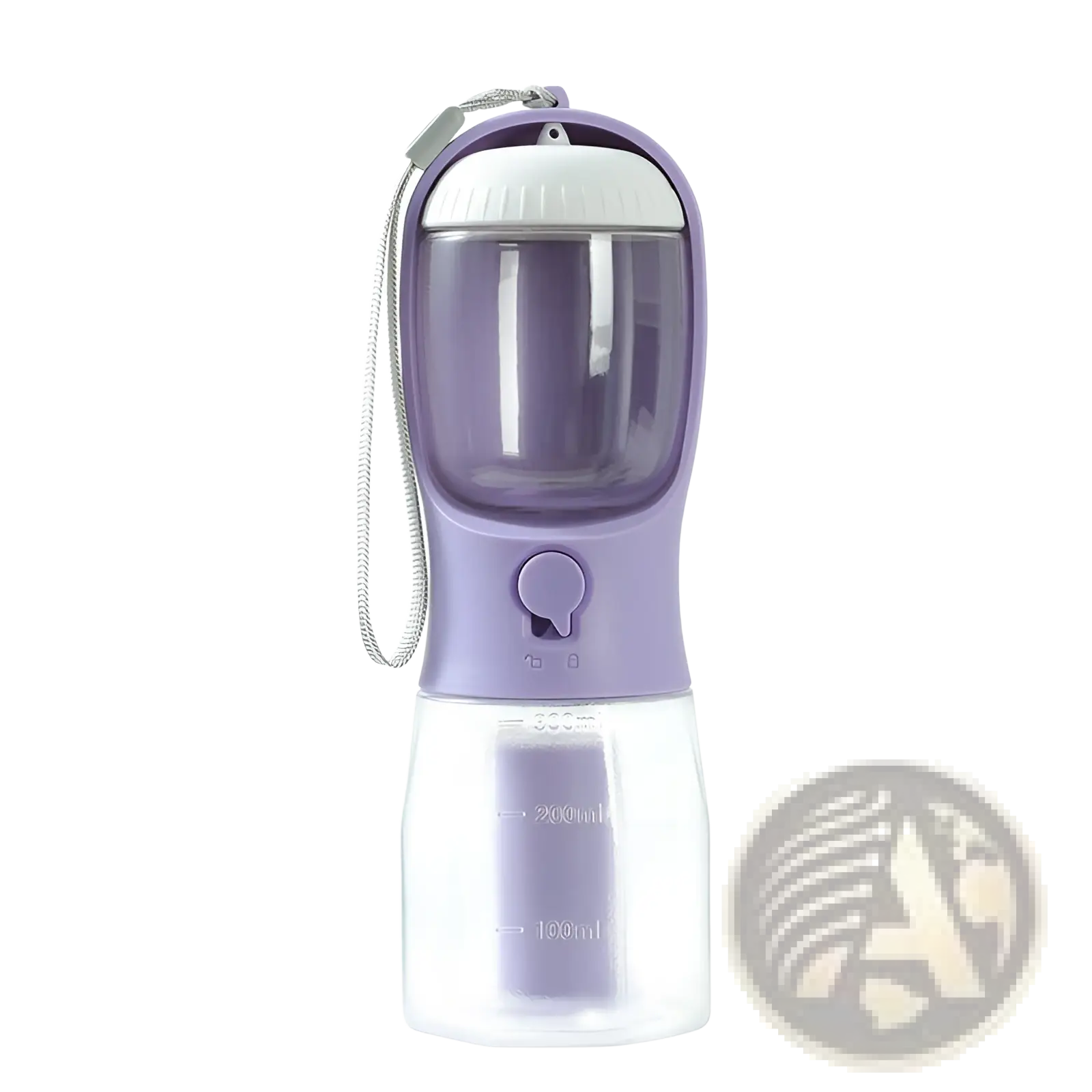 Purple and clear plastic 3-in-1 portable dog water bottle and food dispenser with white lid, strap, and measurement markings