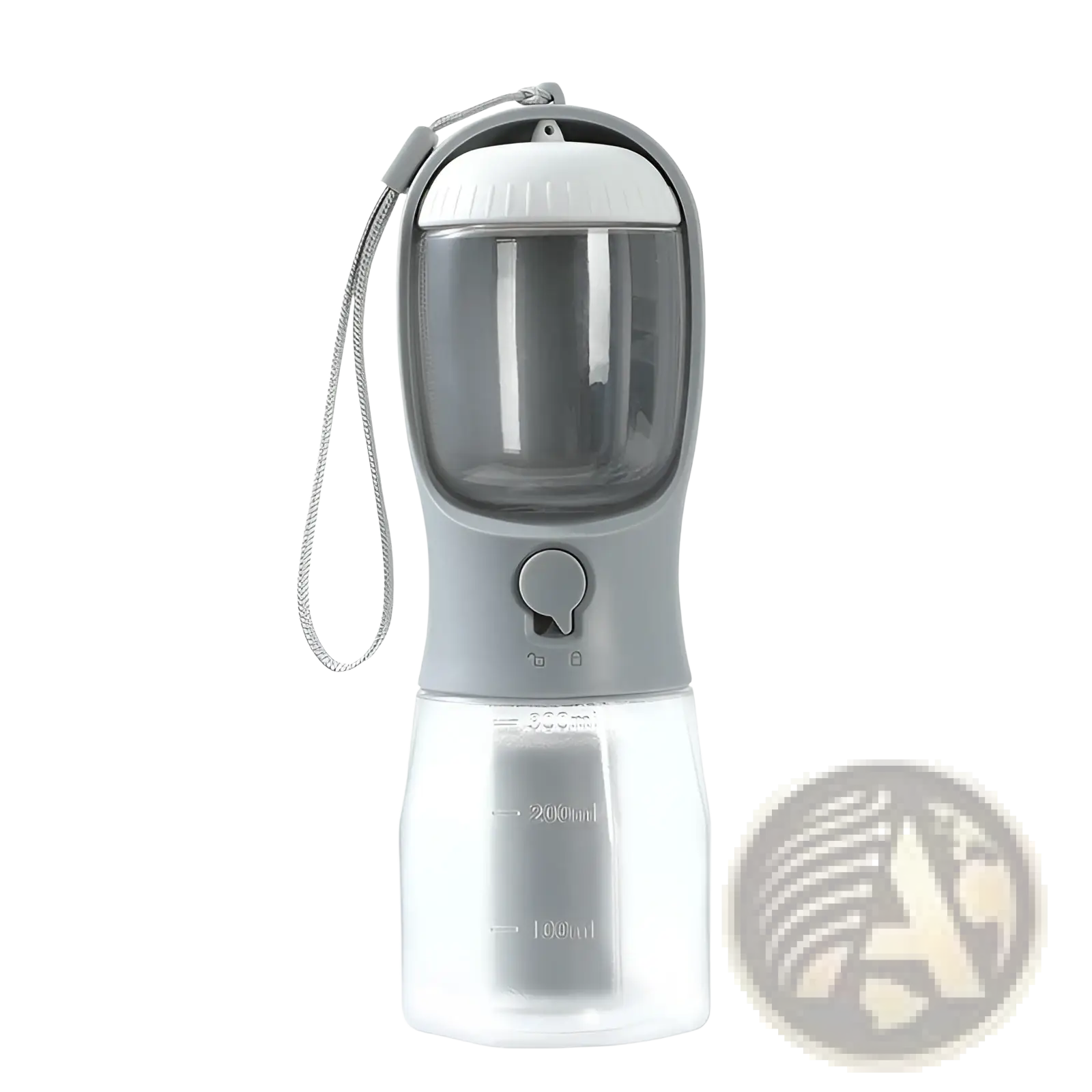 Gray and transparent plastic 3-in-1 portable dog water bottle and food dispenser with white lid and carrying strap