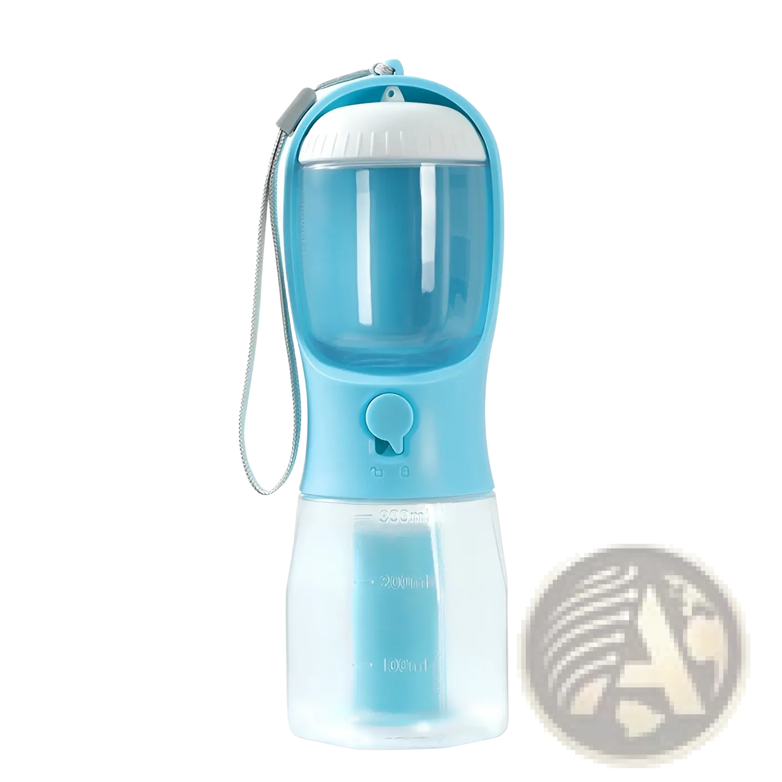 Light blue transparent plastic 3-in-1 portable dog water bottle and food dispenser with white lid and measuring markings