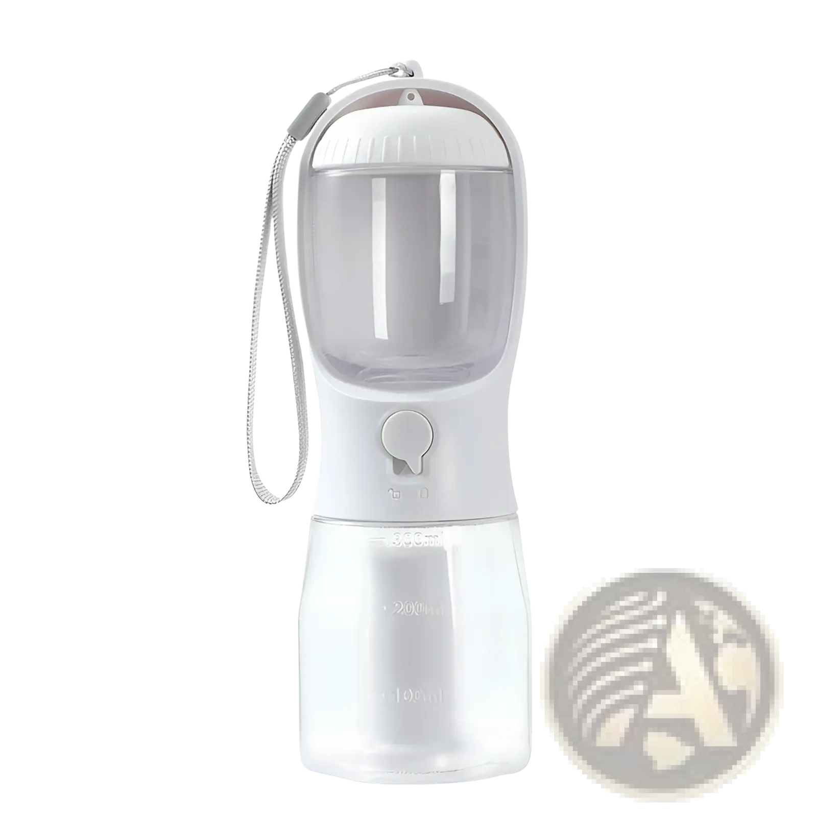 White and transparent plastic 3-in-1 portable dog water bottle and food dispenser with carrying strap