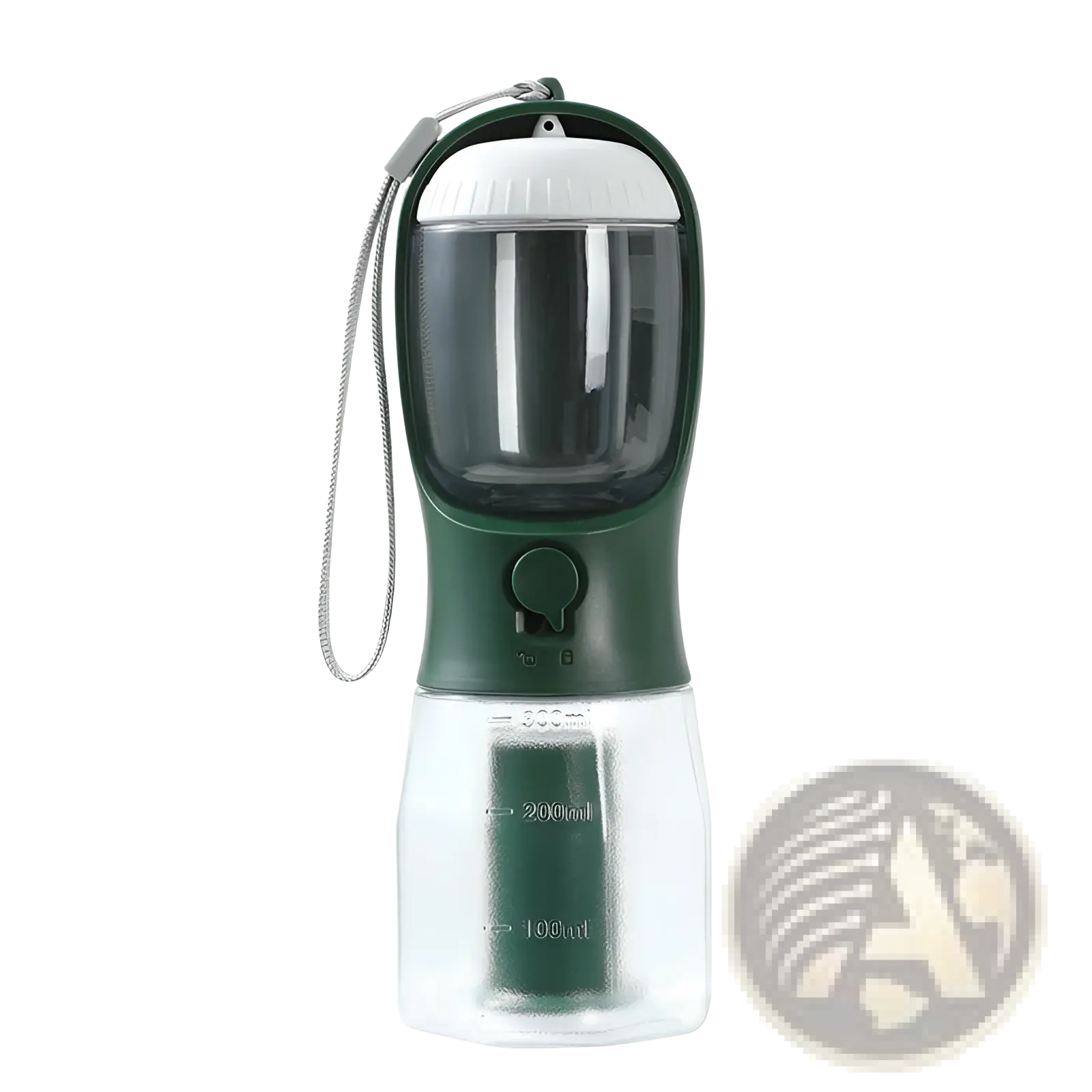 Dark green and transparent plastic 3-in-1 portable dog water bottle with white lid, carrying strap, and measurement markings