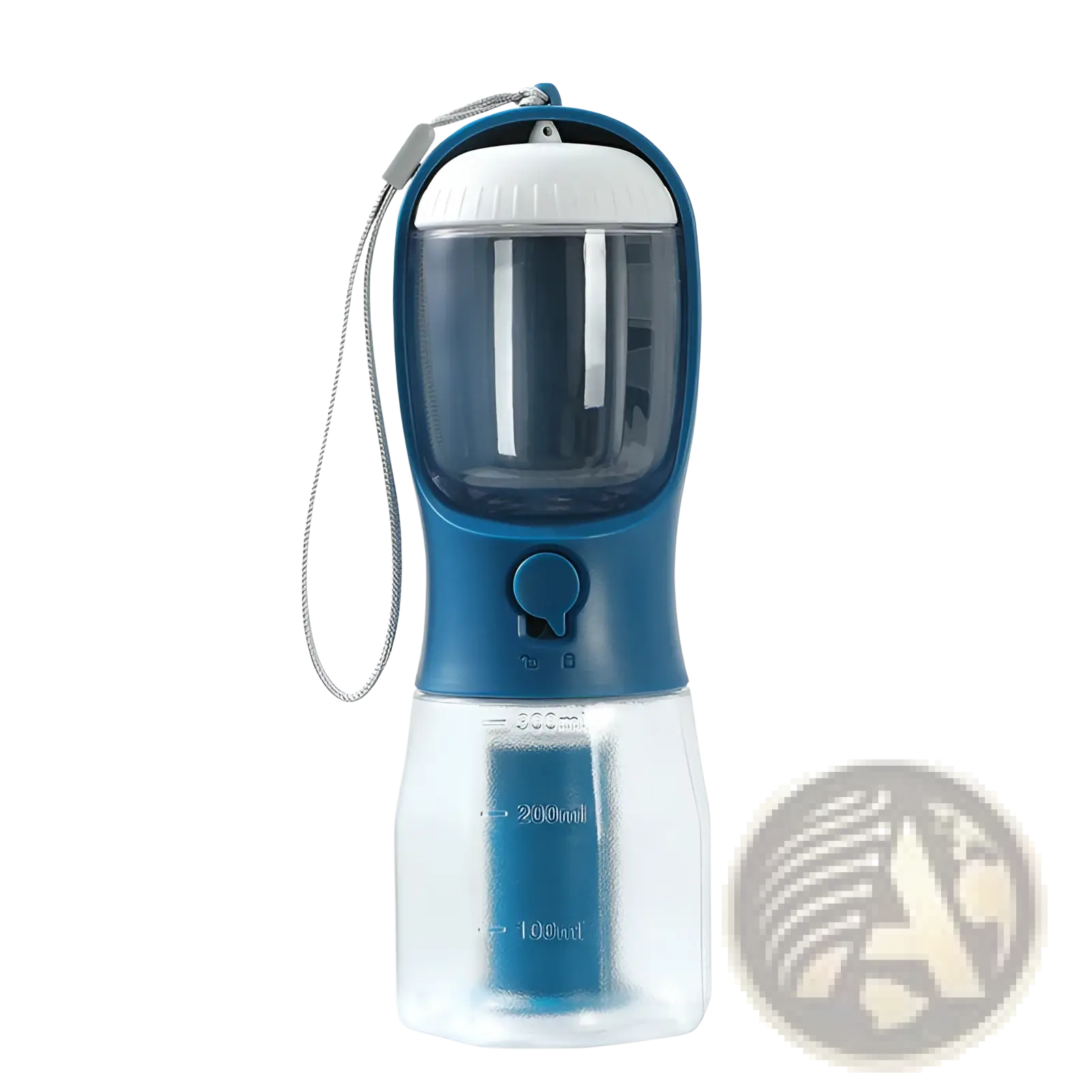 Blue and transparent 3-in-1 portable dog water bottle and food dispenser with white lid and measurement markings on clear base