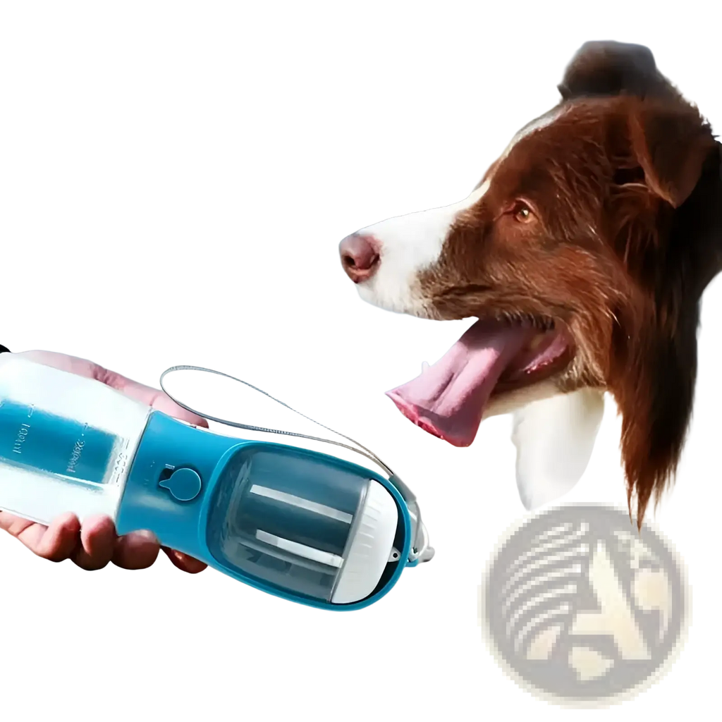 Blue and white 3-in-1 portable dog water bottle and food dispenser with transparent drinking chamber and handle