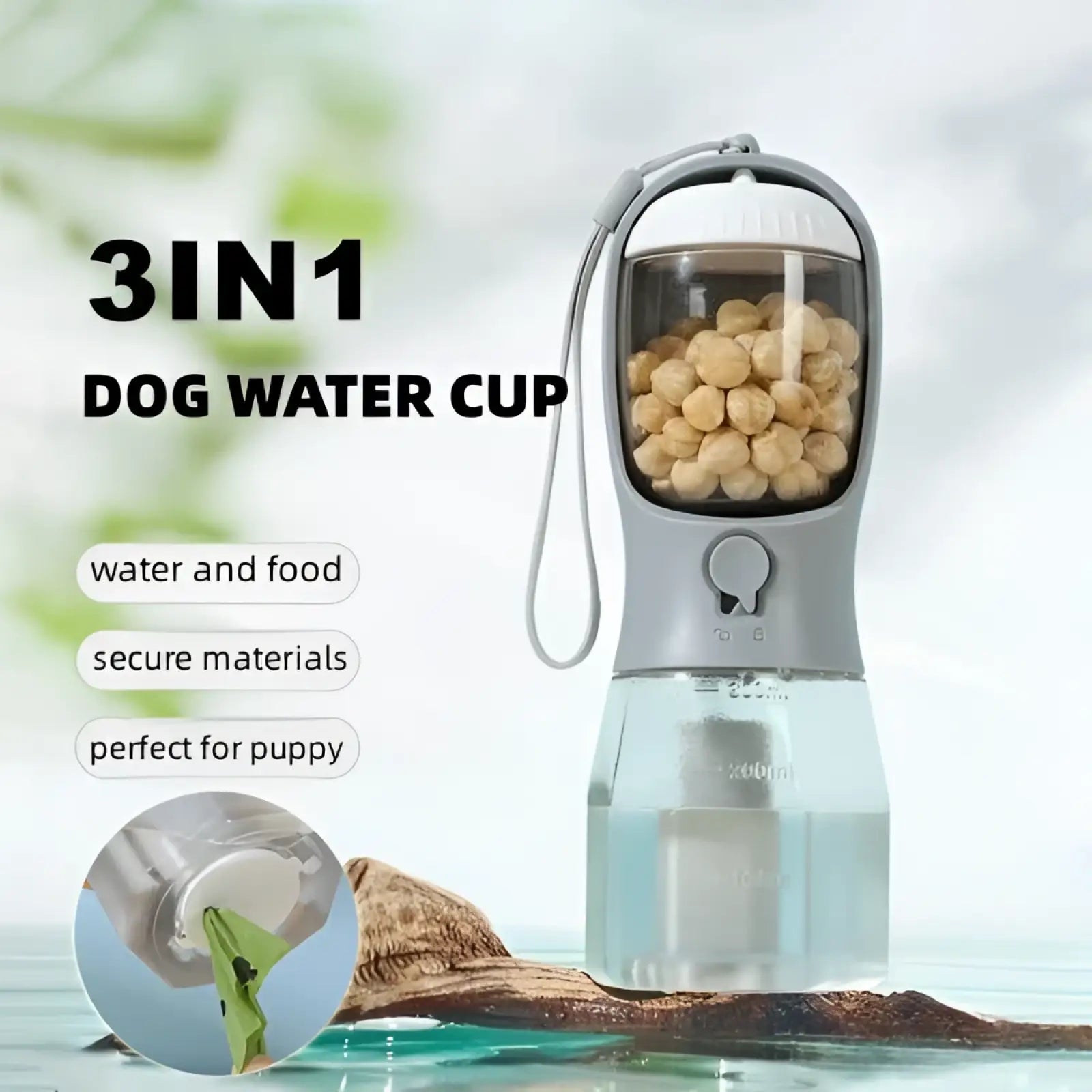 Gray and transparent 3-in-1 portable dog water bottle and food dispenser with detachable chickpea-filled food compartment