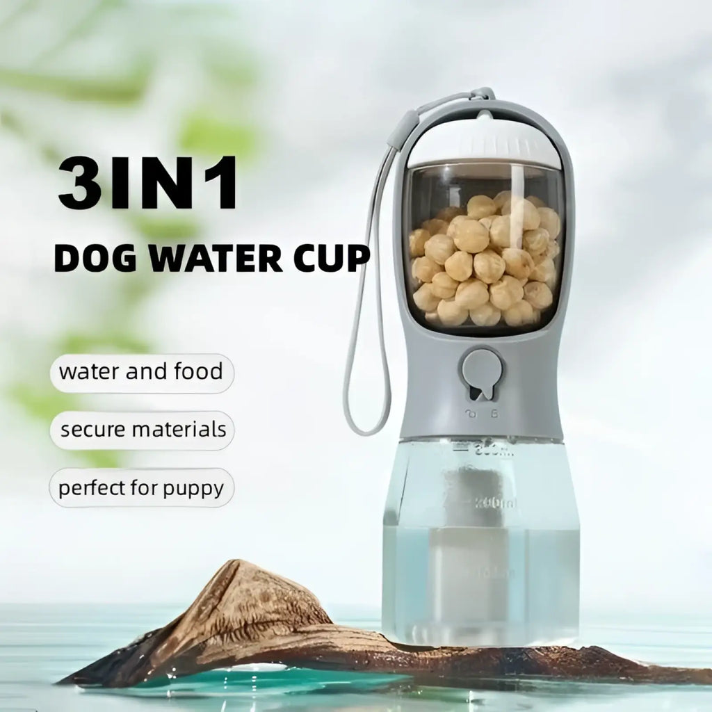 Gray and transparent 3-in-1 portable dog water bottle with detachable food compartment filled with chickpeas