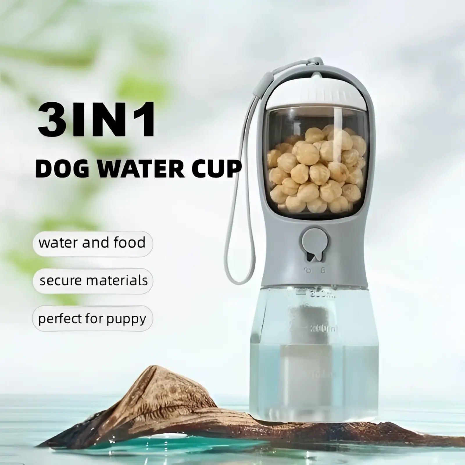 Gray and transparent 3-in-1 portable dog water bottle with detachable food compartment filled with chickpeas