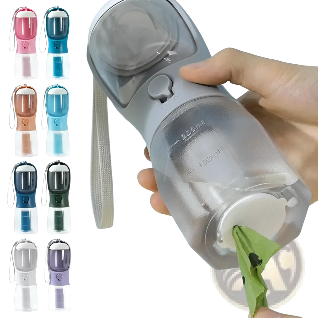 Gray and transparent 3-in-1 portable dog water bottle with built-in pump, carrying strap, and green poop bag dispenser