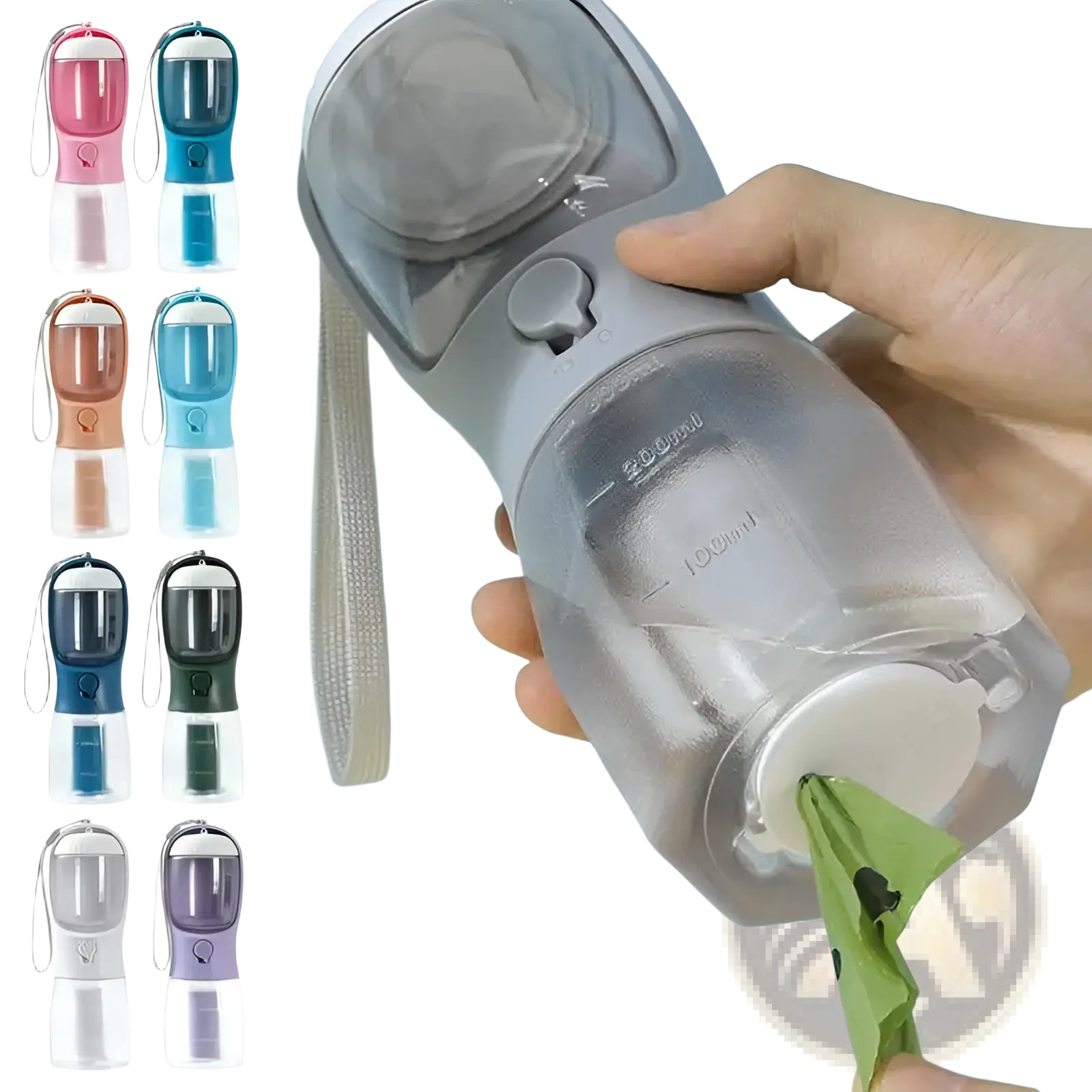 Gray and transparent 3-in-1 portable dog water bottle with built-in pump, carrying strap, and green poop bag dispenser