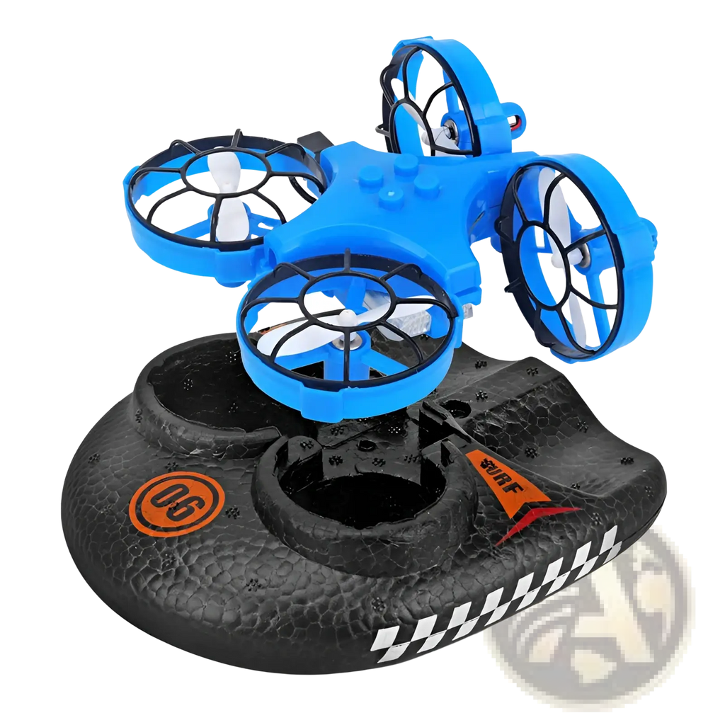 Blue plastic 3-in-1 rc drone hovercraft with black protective frames and white propellers on textured black base
