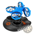 Blue plastic 3-in-1 rc drone hovercraft with black protective frames and white propellers on textured black base