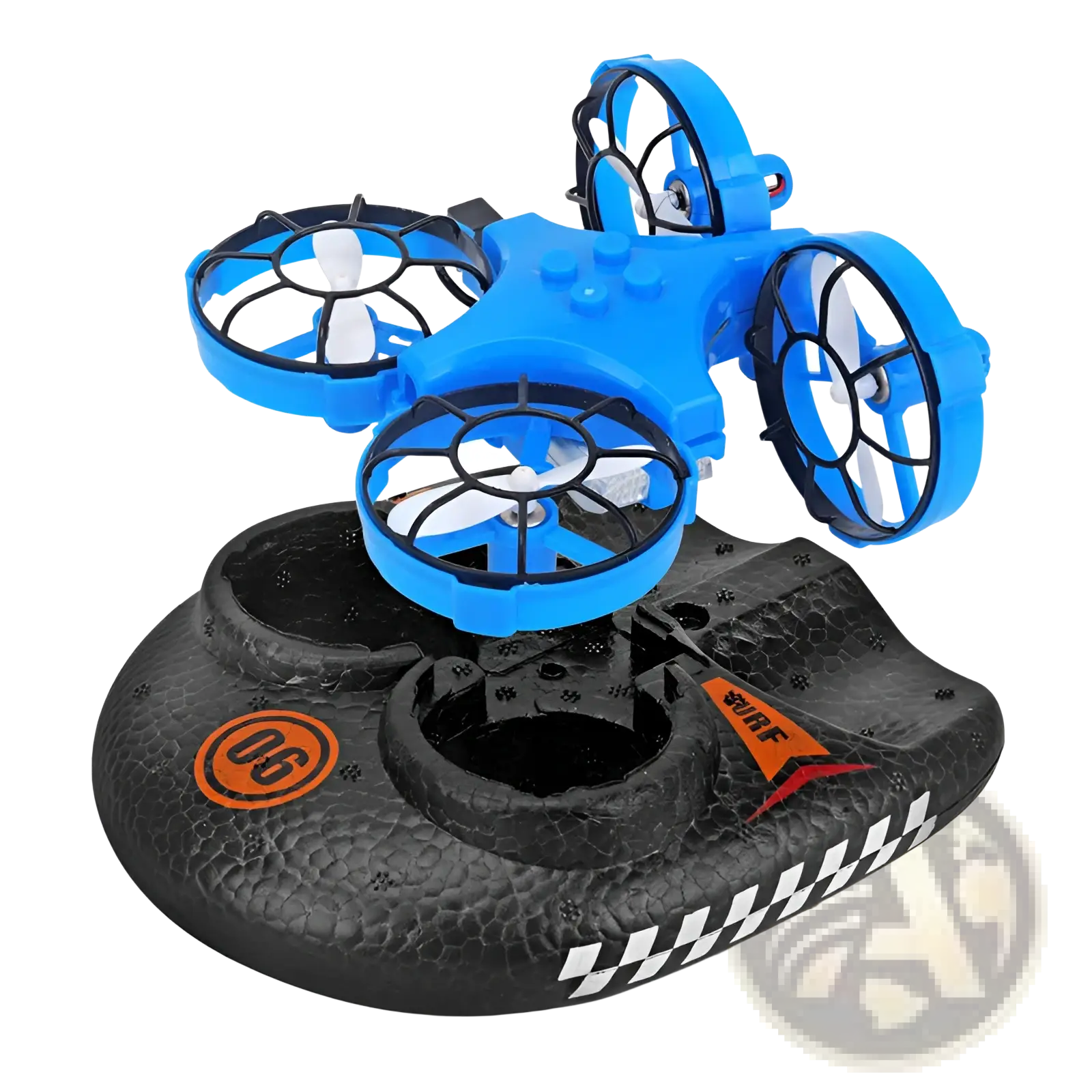 Blue plastic 3-in-1 rc drone hovercraft with black protective frames and white propellers on textured black base