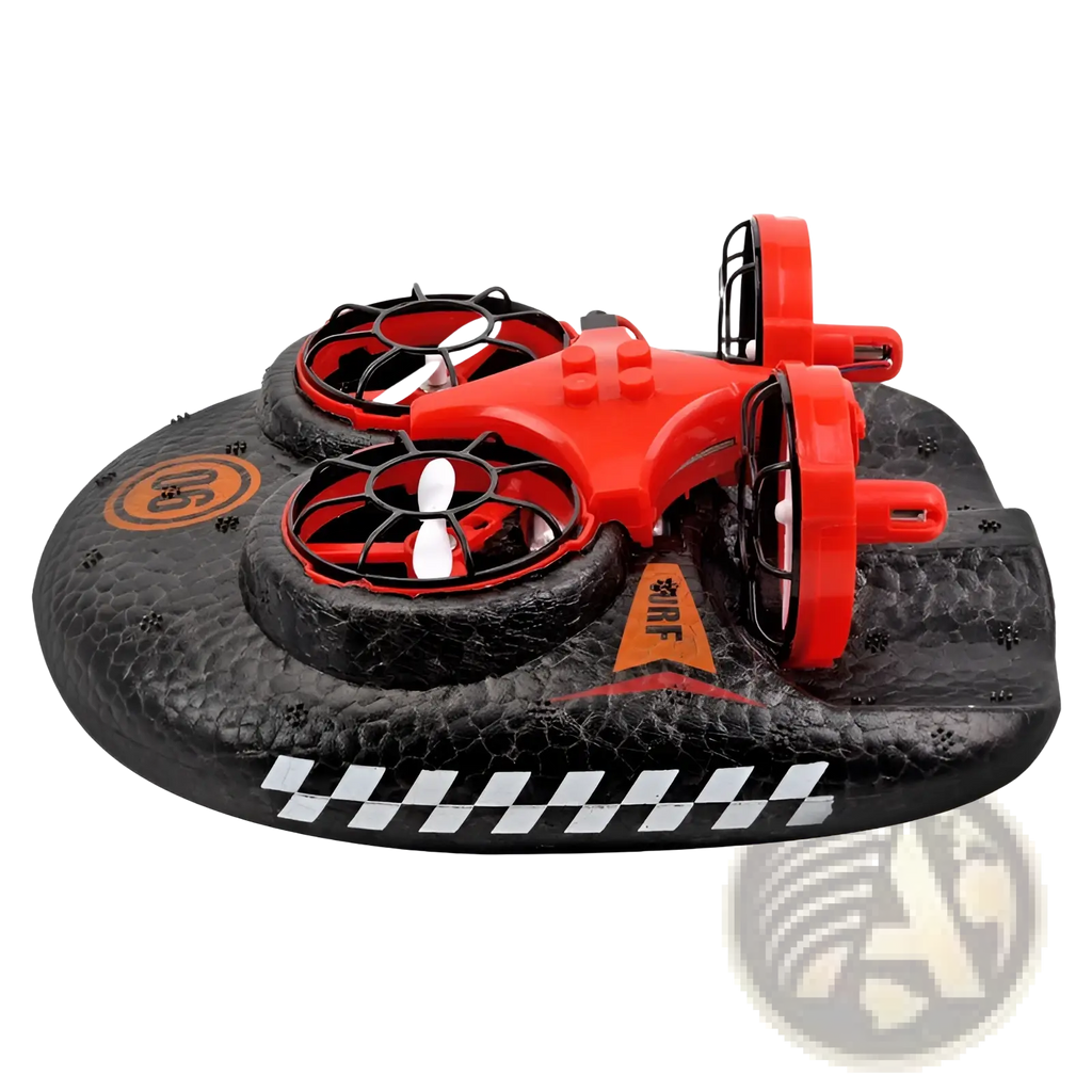 Red and black 3-in-1 rc drone hovercraft with white propellers and textured black checkered base for water land and air use