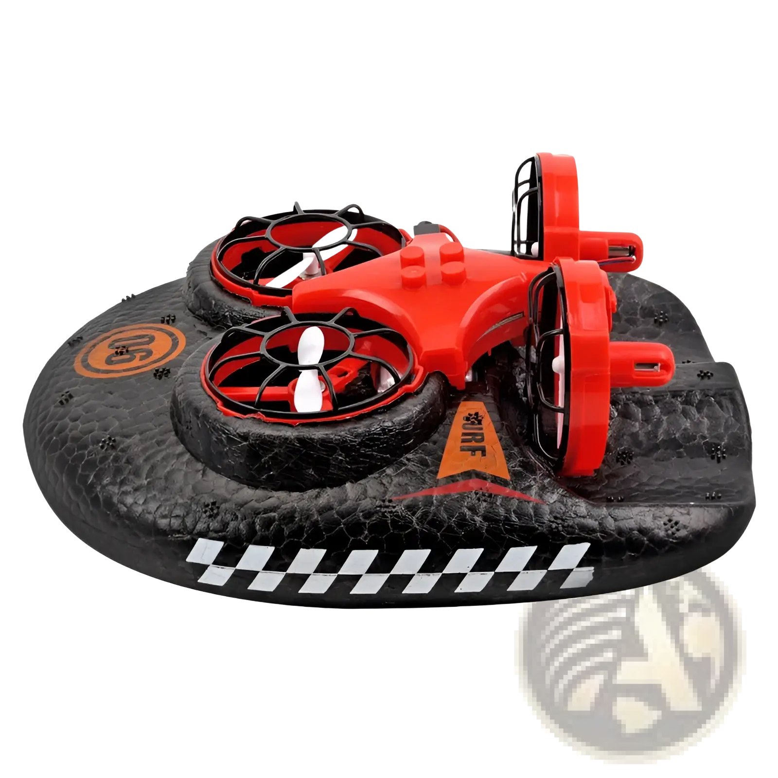 Red and black 3-in-1 rc drone hovercraft with white propellers and textured black checkered base for water land and air use