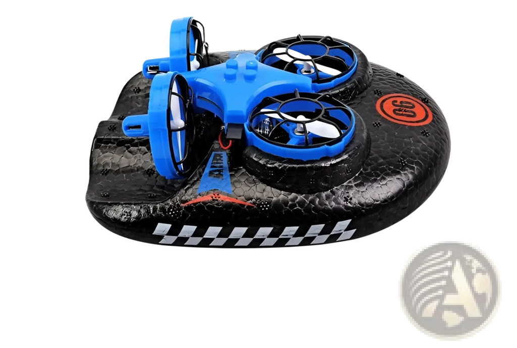Blue and black 3-in-1 rc drone hovercraft with four propellers resting on textured checkered-patterned base