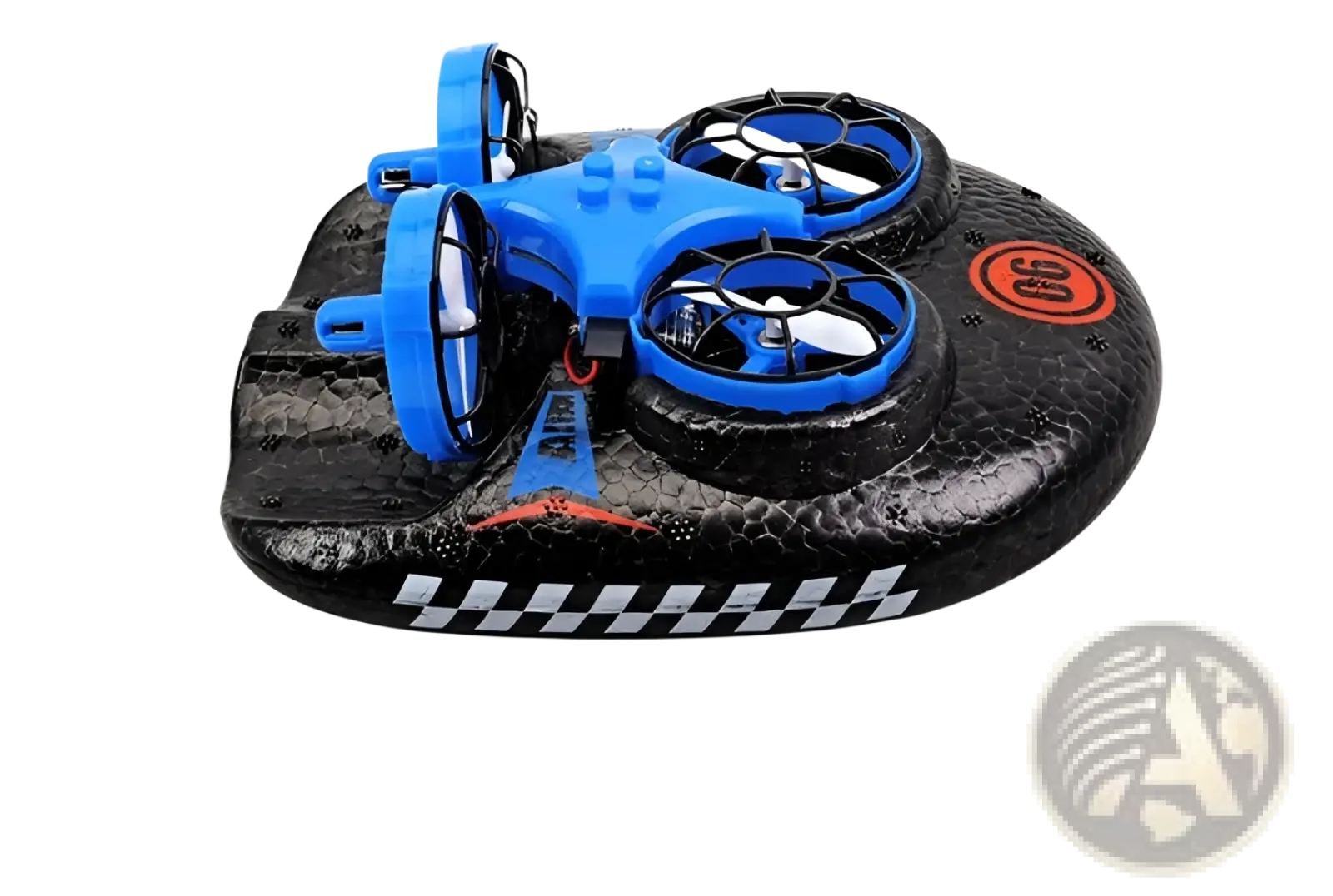 Blue and black 3-in-1 rc drone hovercraft with four propellers resting on textured checkered-patterned base