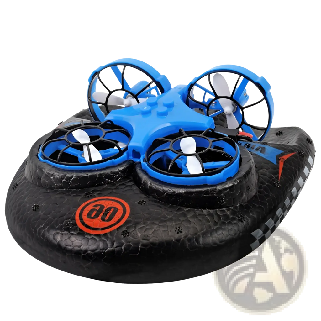 Blue and black 3-in-1 rc drone hovercraft with textured rubber body and four propellers for water land and air use