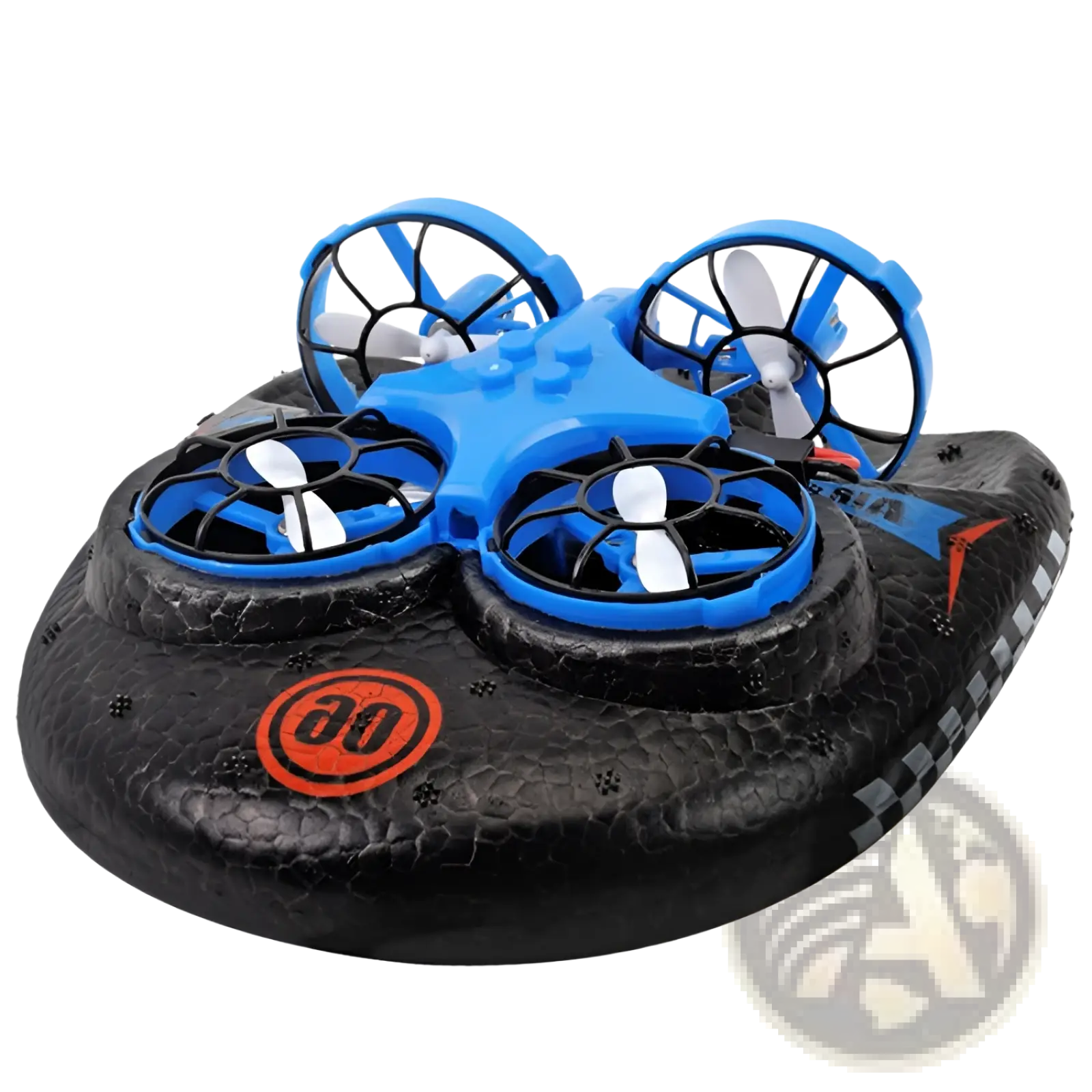 Blue and black 3-in-1 rc drone hovercraft with textured rubber body and four propellers for water land and air use
