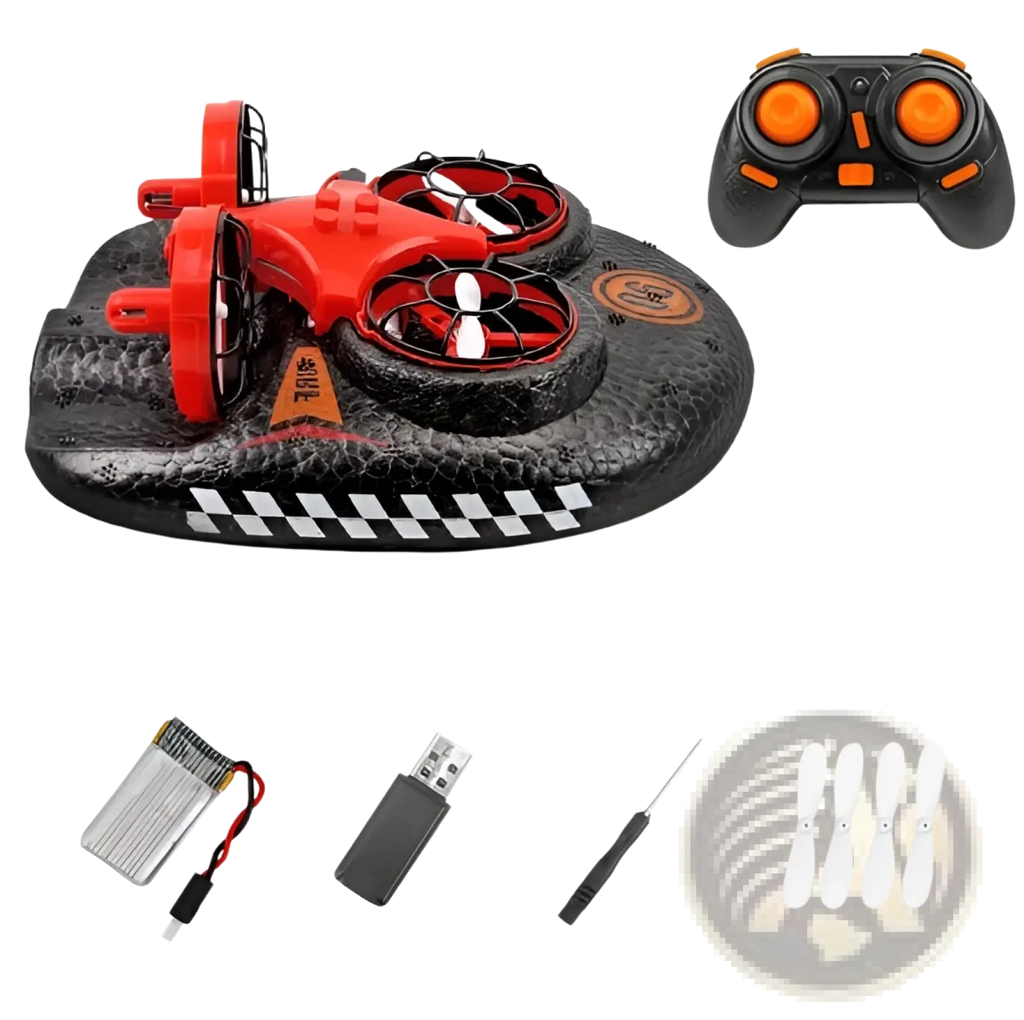 Red and black 3-in-1 rc drone hovercraft with checkered pattern on base designed for water land and air use