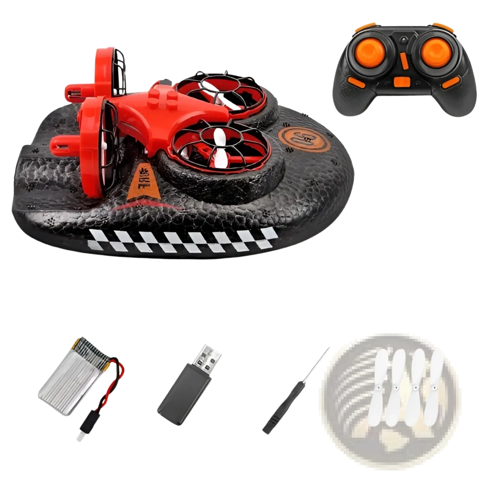 Red and black 3-in-1 rc drone hovercraft with checkered pattern on base designed for water land and air use