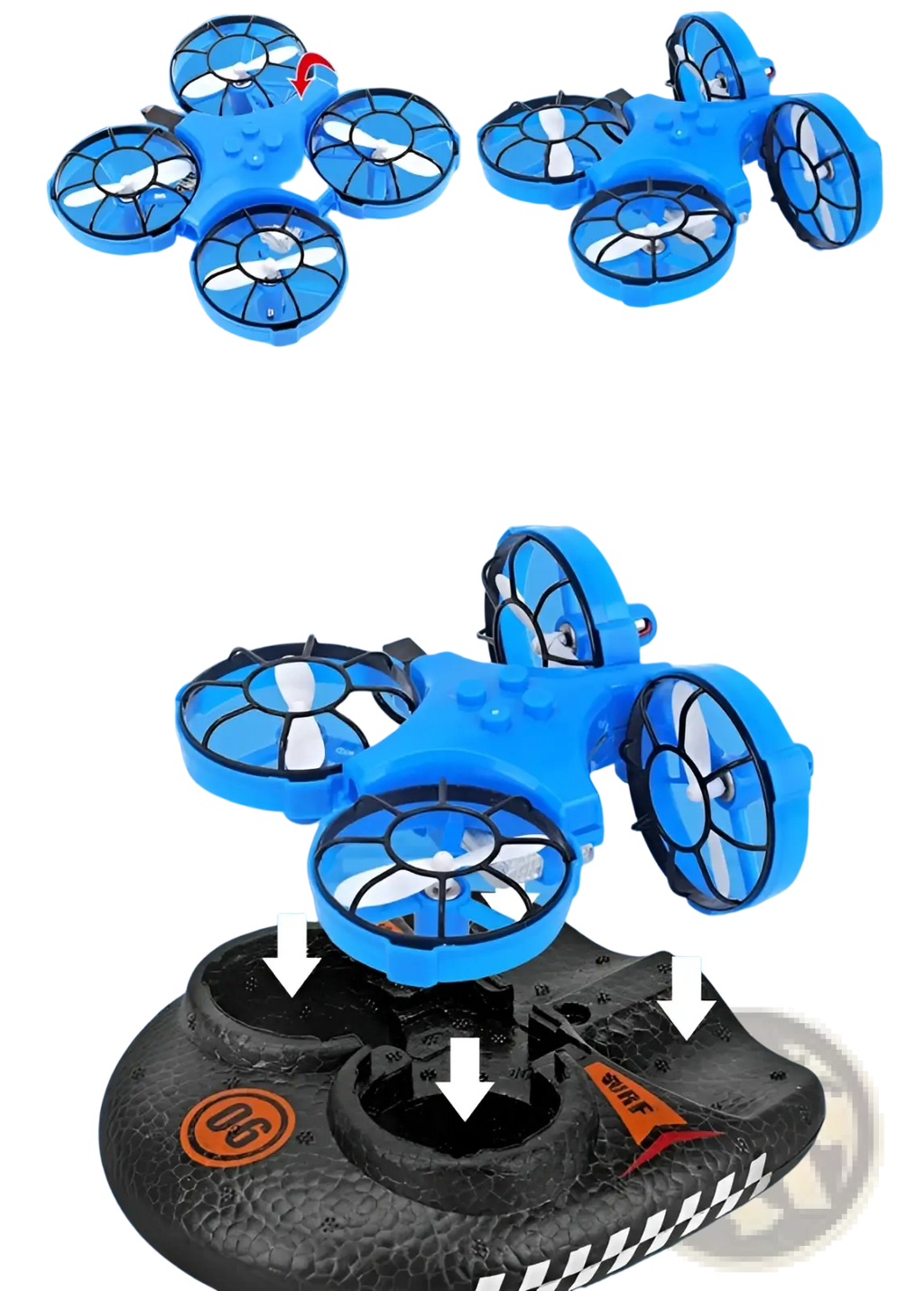 Blue plastic 3-in-1 rc drone hovercraft with four black-framed propellers on its charging base for land air use