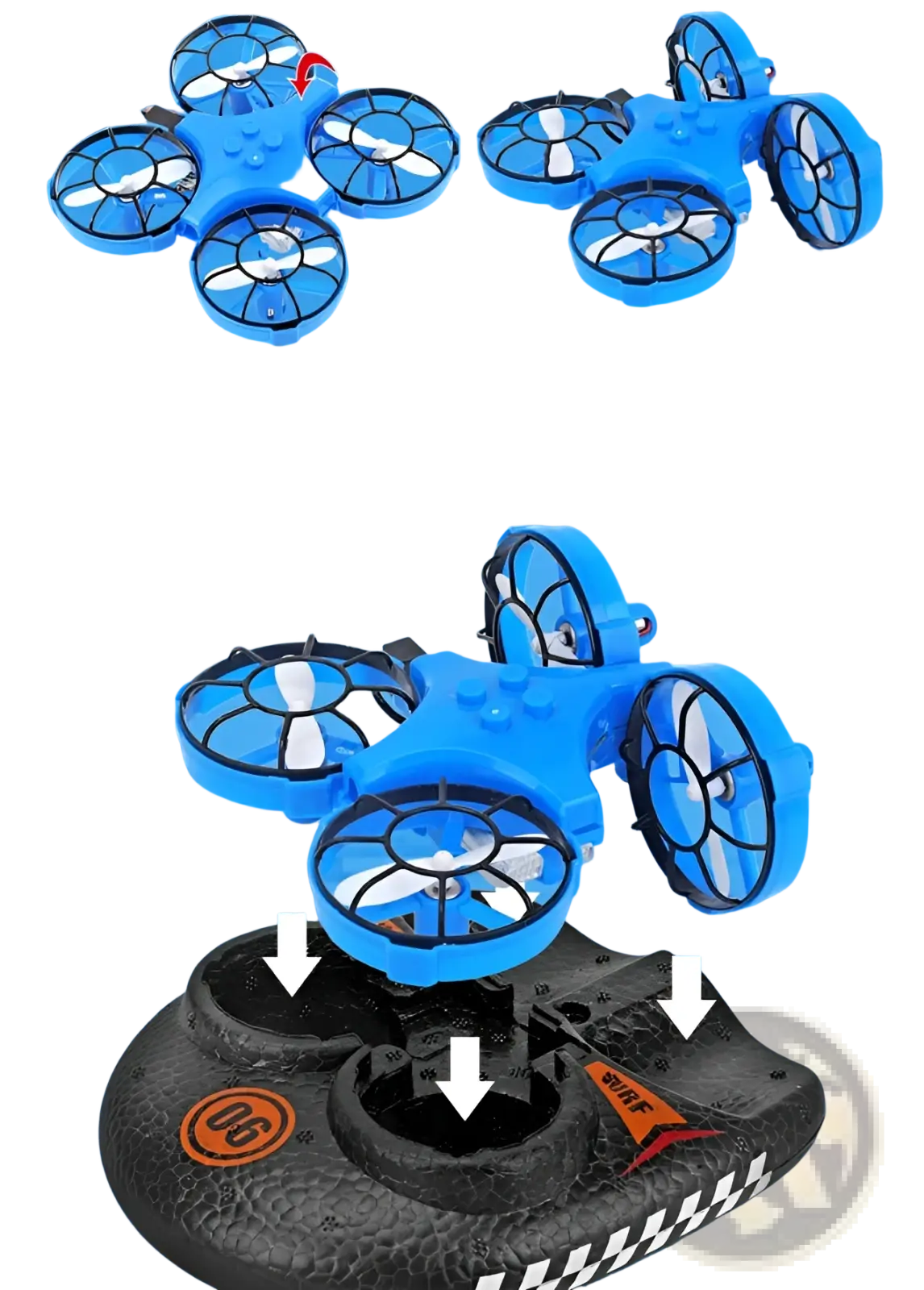 Blue plastic 3-in-1 rc drone hovercraft with four black-framed propellers on its charging base for land air use