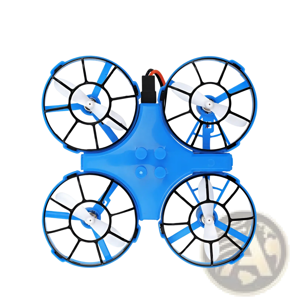 Blue 3-in-1 RC drone hovercraft with white blades and black protective rings designed for air land and water use
