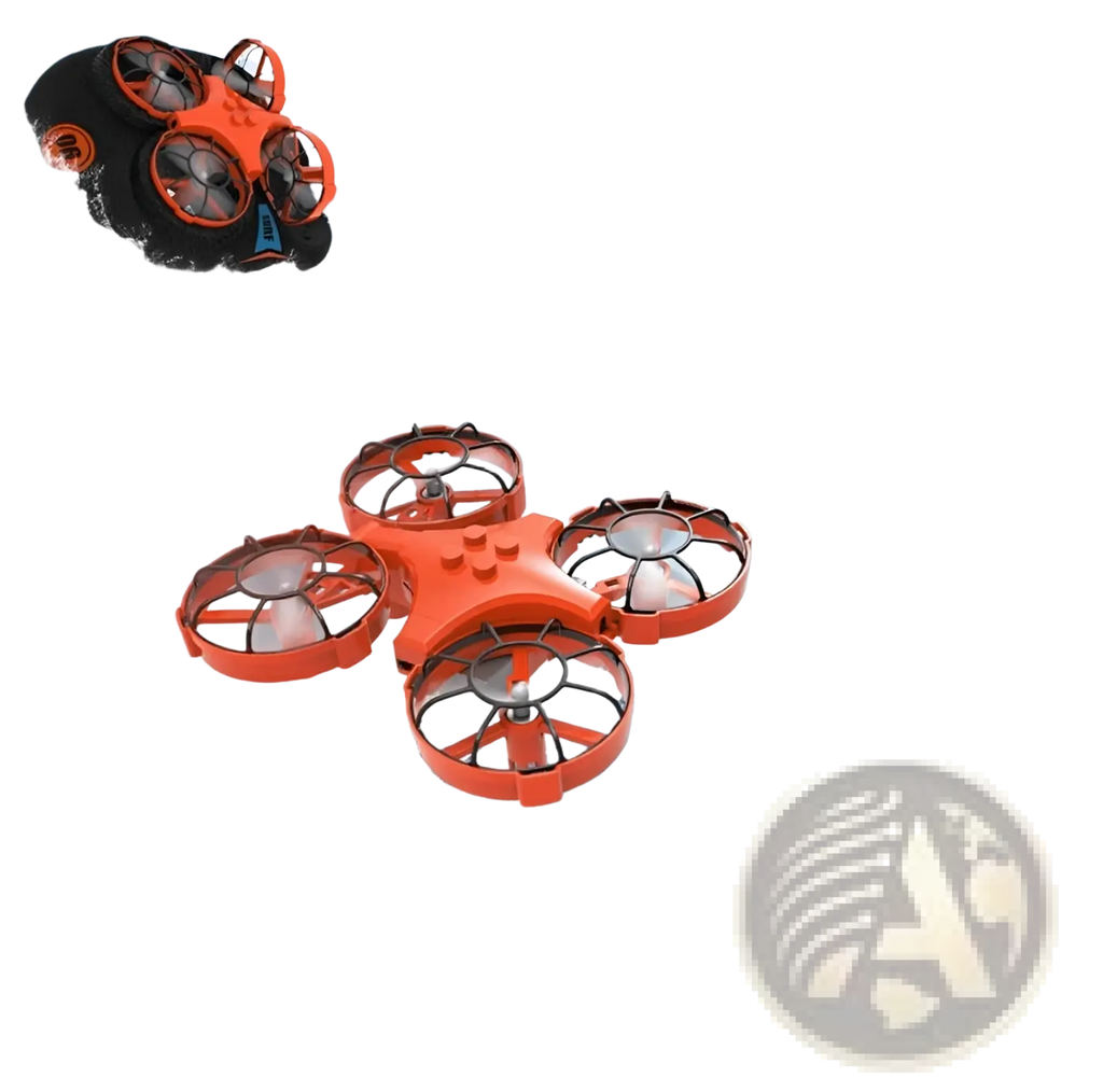 Orange 3-in-1 rc drone quadcopter with black propeller guards and rugged design for water land and air use