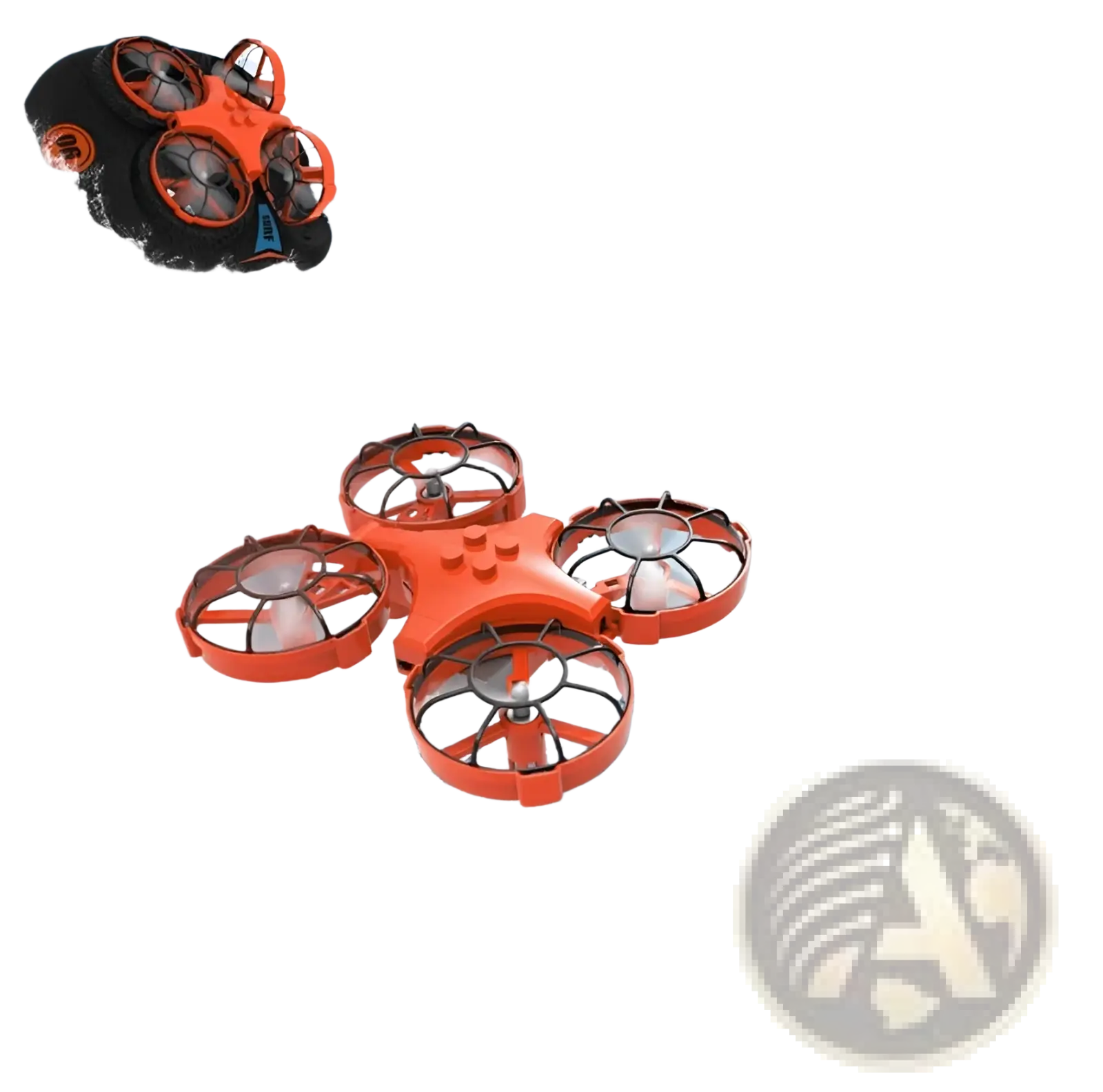 Orange 3-in-1 rc drone quadcopter with black propeller guards and rugged design for water land and air use
