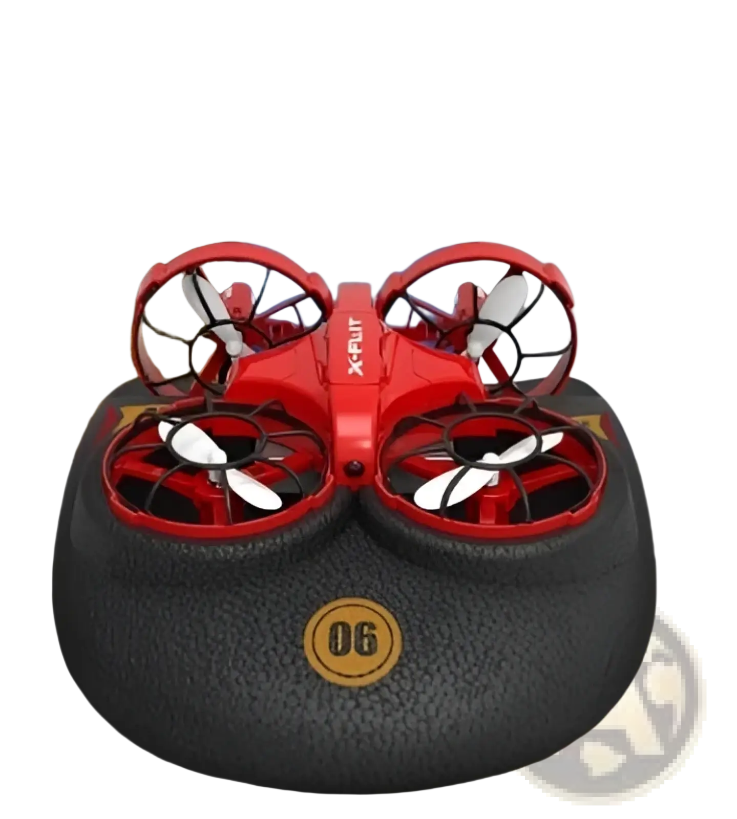 Red and black 3-in-1 rc drone hovercraft with four propellers and textured gray base featuring linx logo