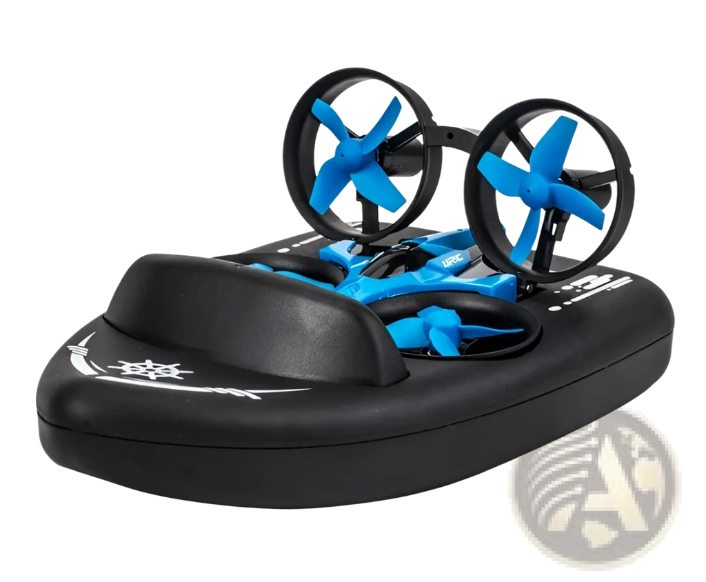 Blue and black 3-in-1 rc hovercraft drone with two propellers on a sleek boat-shaped base for land water and air use