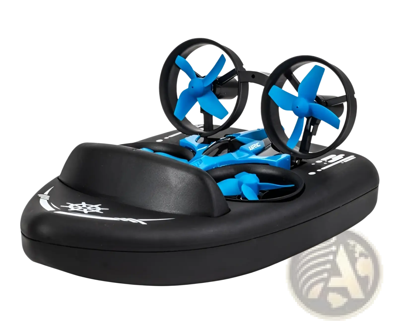 Blue and black 3-in-1 rc hovercraft drone with two propellers on a sleek boat-shaped base for land water and air use