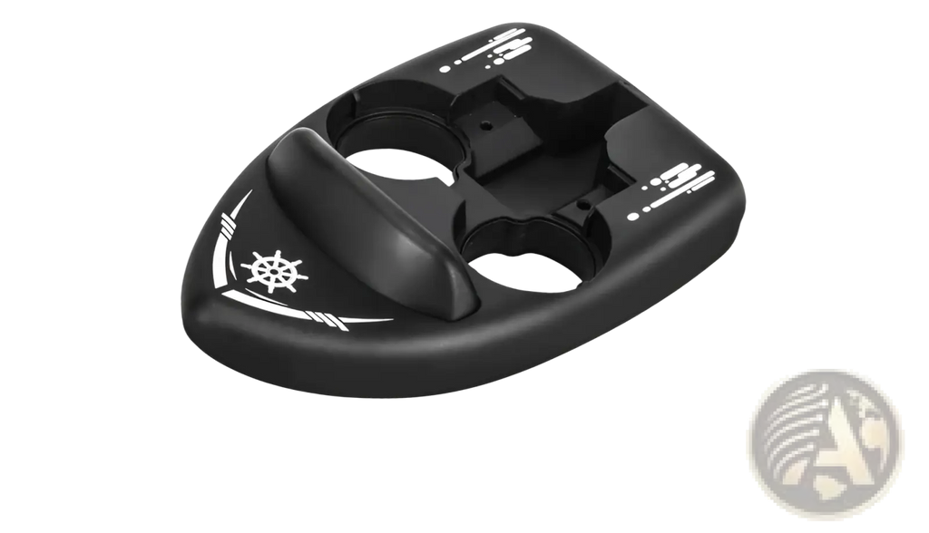 Black plastic 3-in-1 RC hovercraft drone with white nautical design and two cup holders shown from the back side