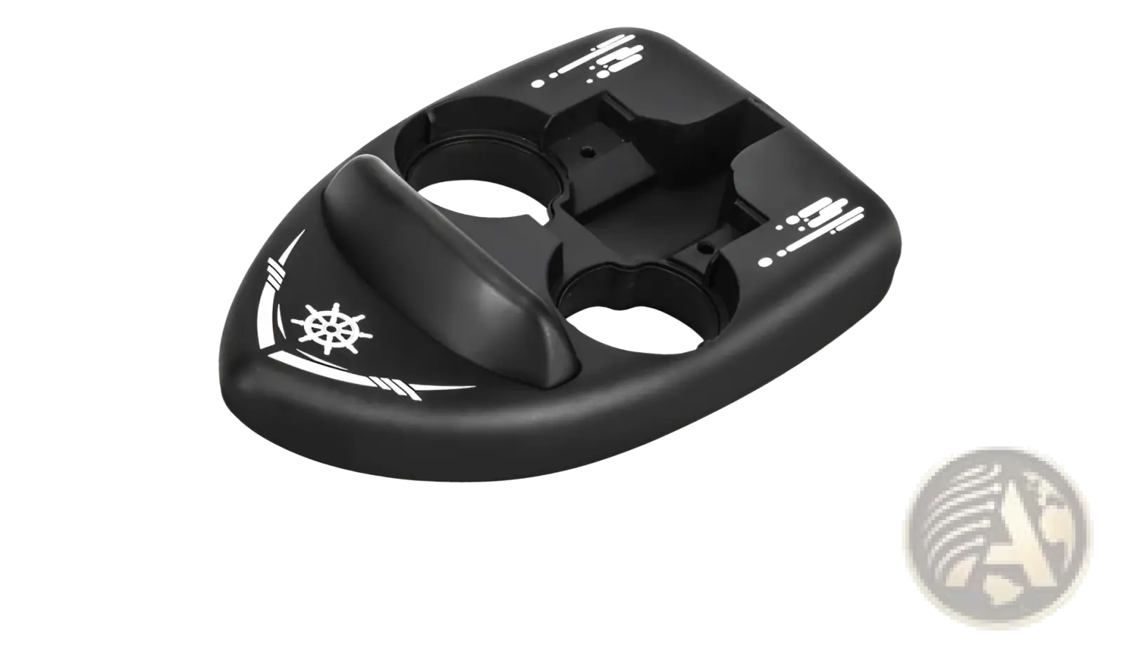 Black plastic 3-in-1 RC hovercraft drone with white nautical design and two cup holders shown from the back side