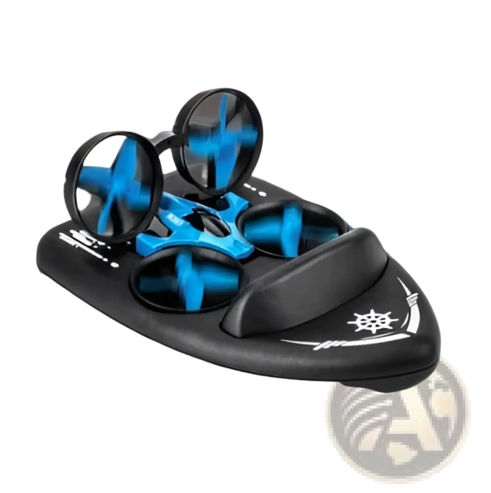 Black and blue quadcopter drone with spinning propellers on matching charging base for rc hovercraft drone toy