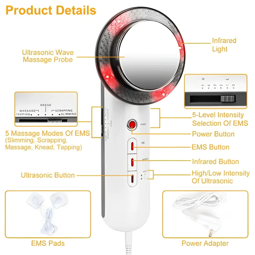 White 3-in-1 ultrasonic ems infrared body sculpting massager with circular red infrared light and mirrored surface for treatments