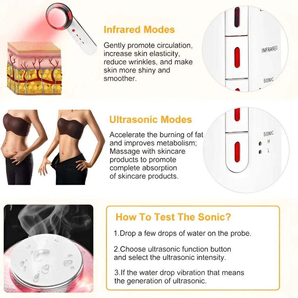 White handheld 3-in-1 ultrasonic EMS infrared body sculpting massager with red light and dual-mode skin care controls
