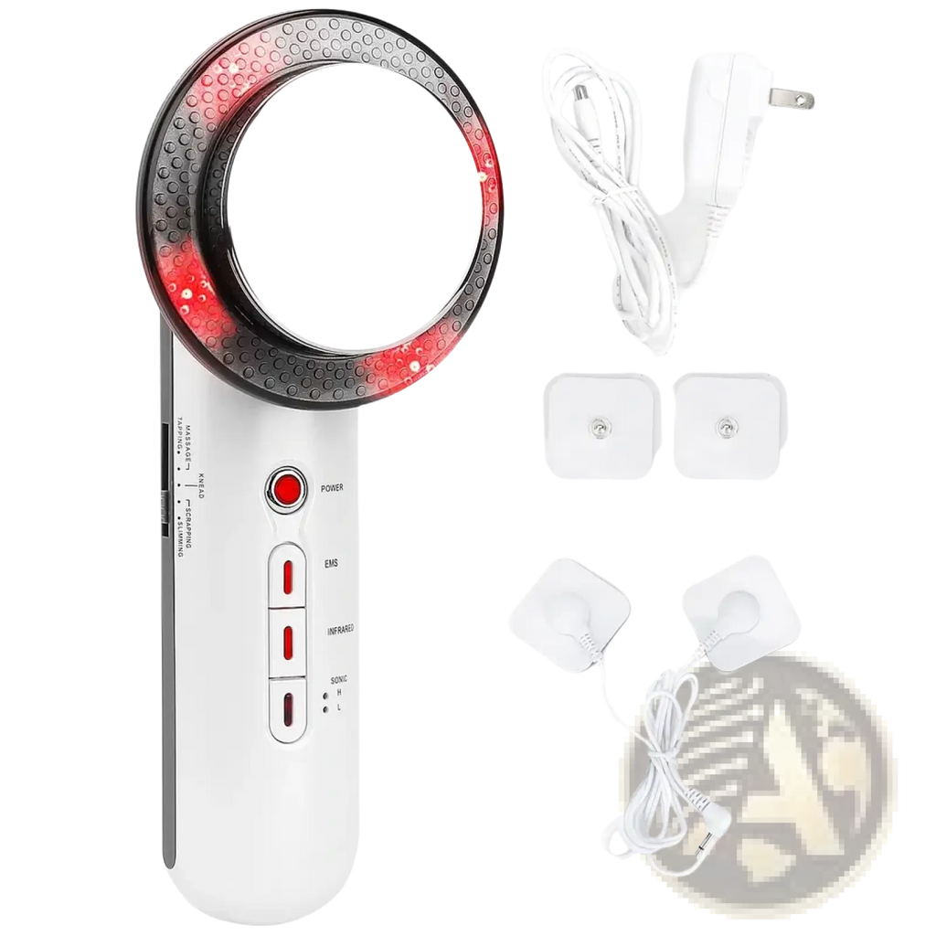 White handheld 3-in-1 ultrasonic ems infrared body sculpting massager with circular mirror head and red led lights