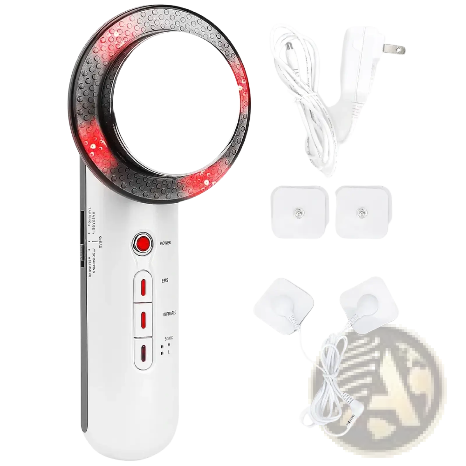 White handheld 3-in-1 ultrasonic ems infrared body sculpting massager with circular mirror head and red led lights