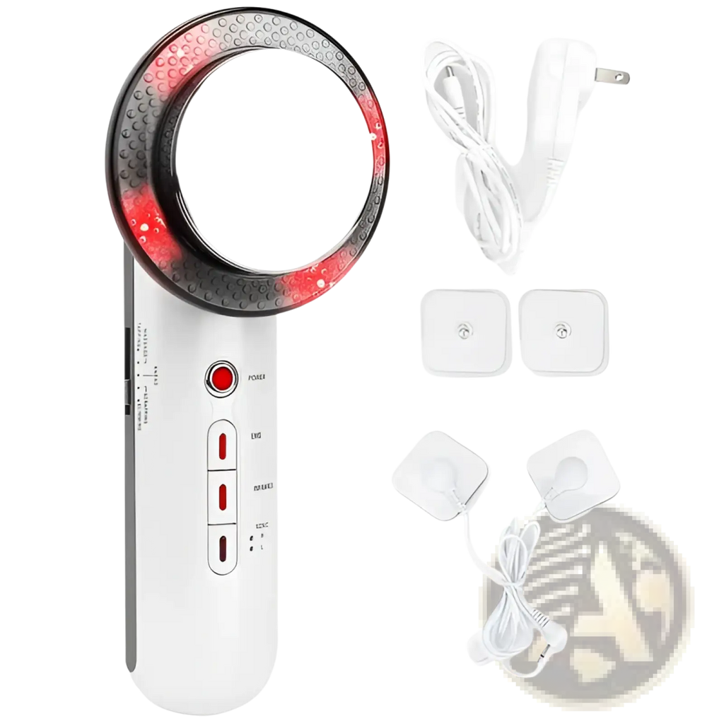 White handheld 3-in-1 ultrasonic ems infrared body sculpting massager with circular mirror head red led lights and accessories