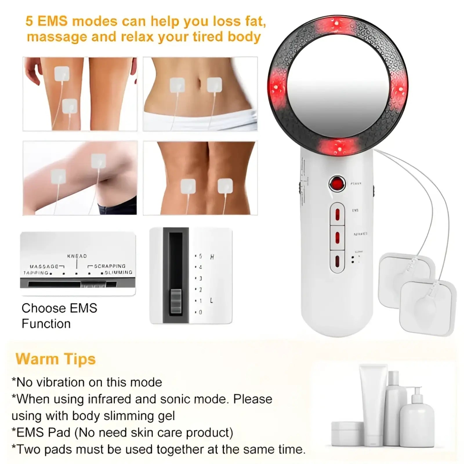 White handheld 3-in-1 ultrasonic ems infrared body sculpting massager with circular mirror and red led lights around edge