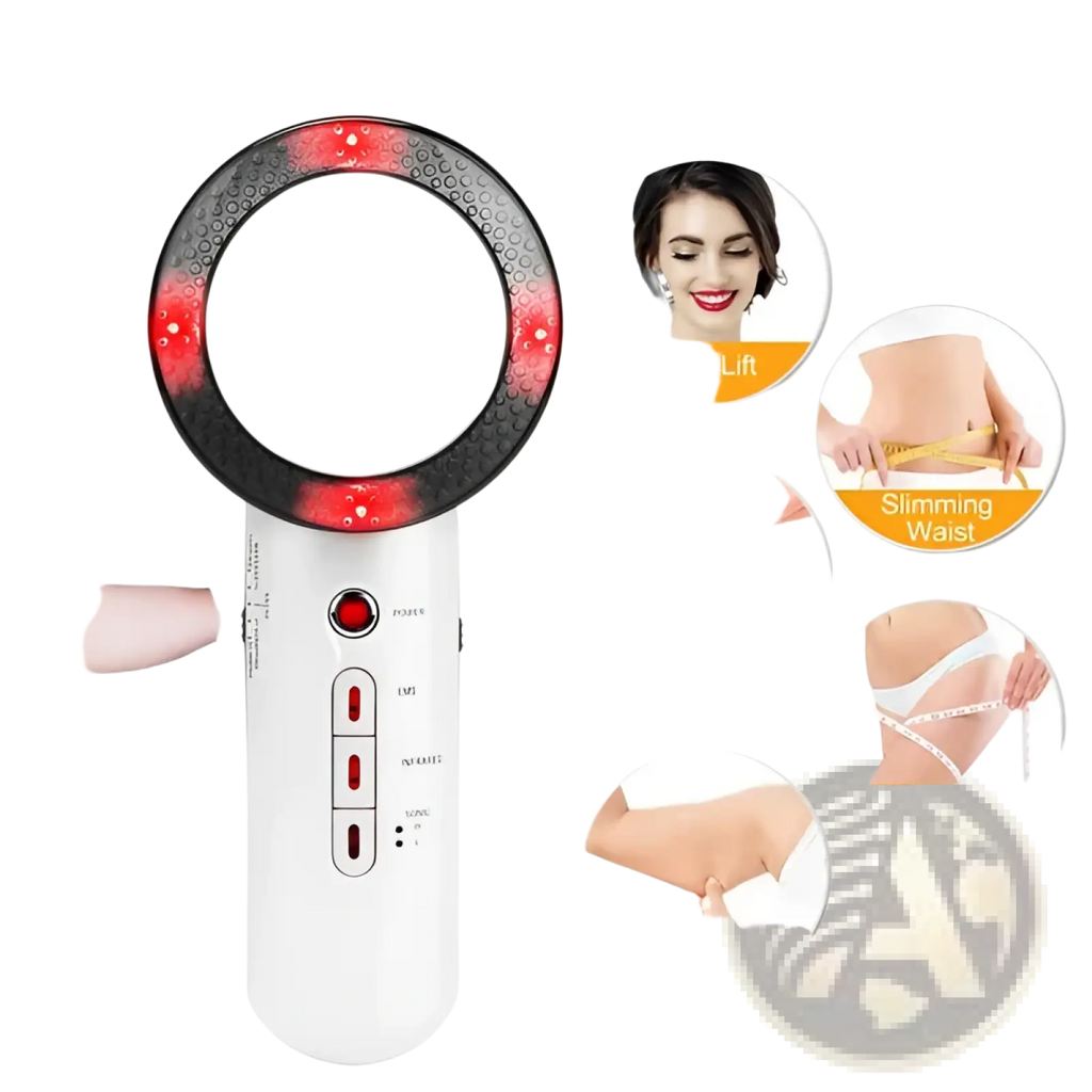 White handheld 3-in-1 ultrasonic EMS infrared body sculpting massager with circular mirror head and red LED lights